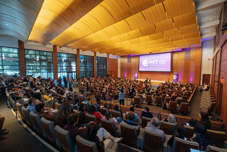 A full auditorium at the Stanford Three Minute Thesis showcase, April 2026
