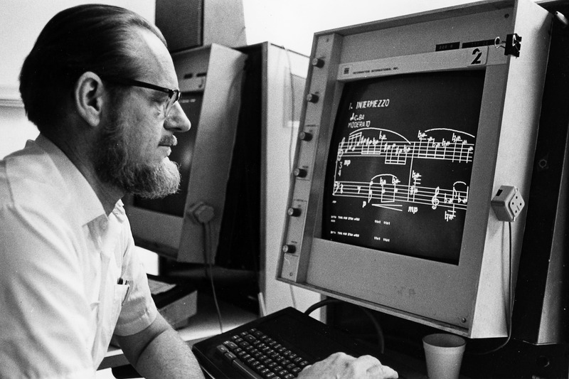 Leland Smith viewing computer music notation on a CRT monitor, 1976