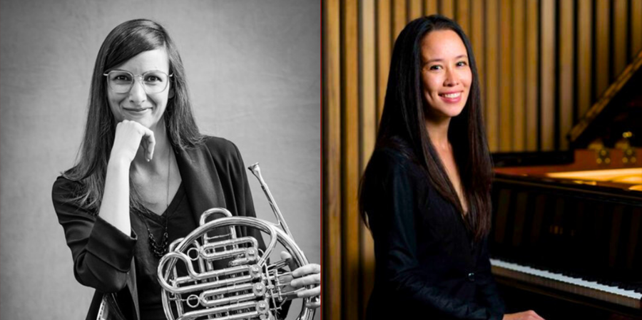 Left: Leslie Hart, in black and white, resting her chin on one hand beside a french horn; Right: Elizabeth Schumann seated at a grand piano in a wood-panelled hall