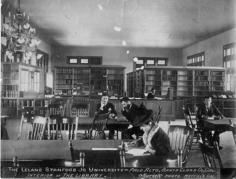 Interior of the original Stanford University library, Palo Alto, late 19th century